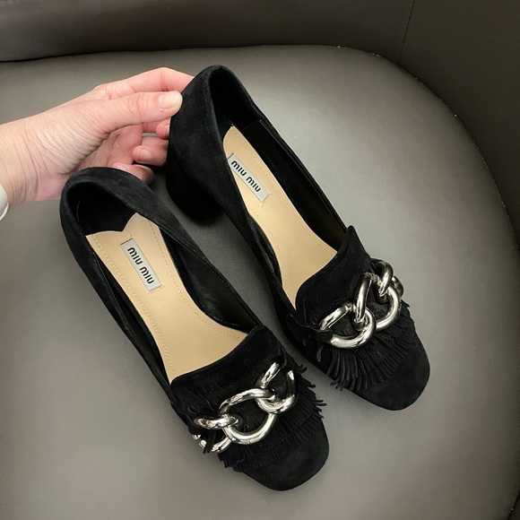 Miu Miu black mary jane pumps heeled sandals suede shoes with chains 5cm heels - Picture 3 of 5